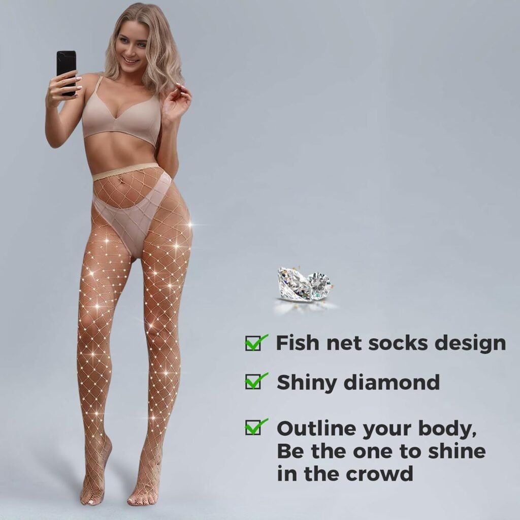 Buauty 2PCS High Waist Sparkle Rhinestone Fishnet Stockings for women,fish nets Tights Shine Concert Outfits for Women