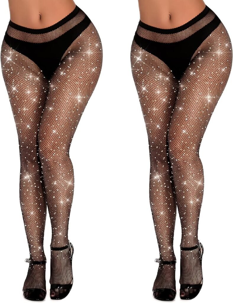 Buauty 2PCS High Waist Sparkle Rhinestone Fishnet Stockings for women,fish nets Tights Shine Concert Outfits for Women