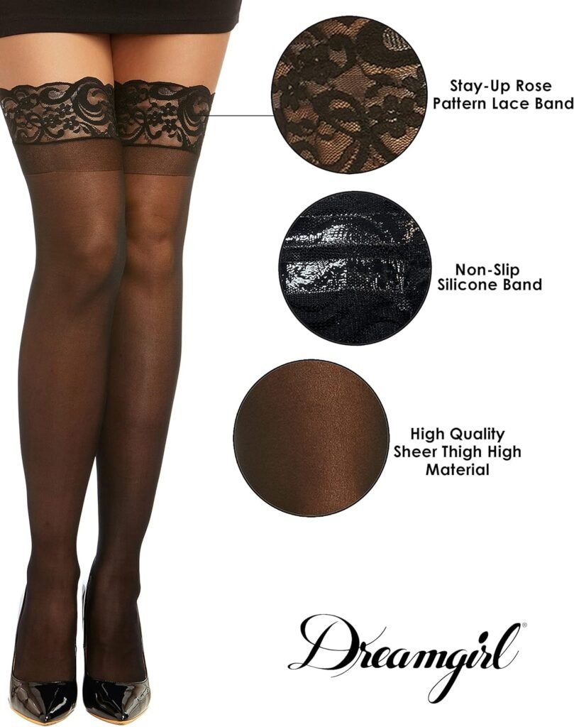 Dreamgirl Women’s Sheer Thigh High Pantyhose Hosiery Nylons Stockings with Comfort Lace Top Anti-Slip Silicone Elastic Band